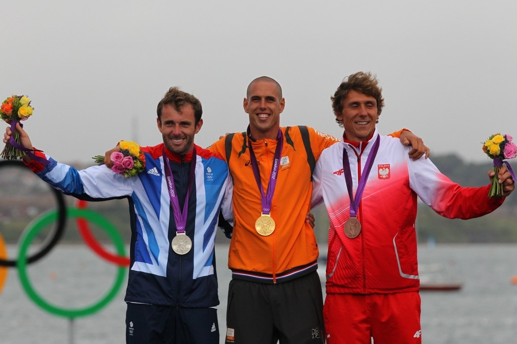 Nick Dempsey (GBR) Dorian van Rijsselberge (NED) and Przemyslaw Miarczynski (POL) - Men’s Windsurfing - London 2012 Olympics  © Richard Langdon /Ocean Images http://www.oceanimages.co.uk